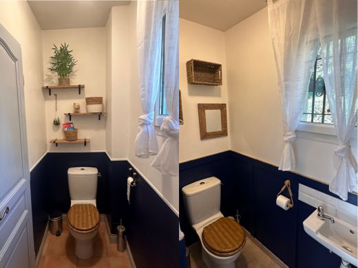 Toilettes séparées de la villa à louer en Provence, décorées dans un style épuré et élégant, l'une est équipée d'un lave-mains